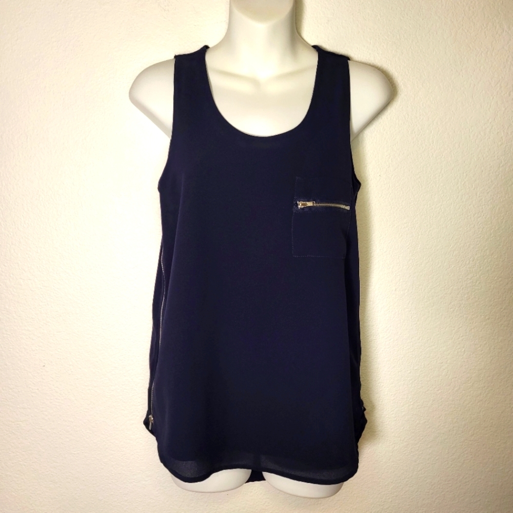 Anthropologie | Paper Crane Zipper Side Navy Blue Sleeveless Blouse size Small